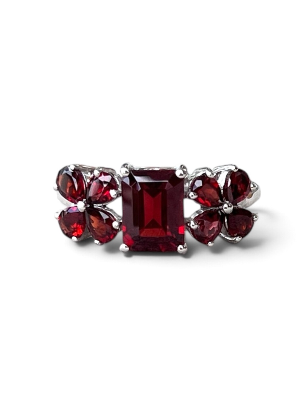 Sterling Silver Red Garnet Floral Ring Size 8